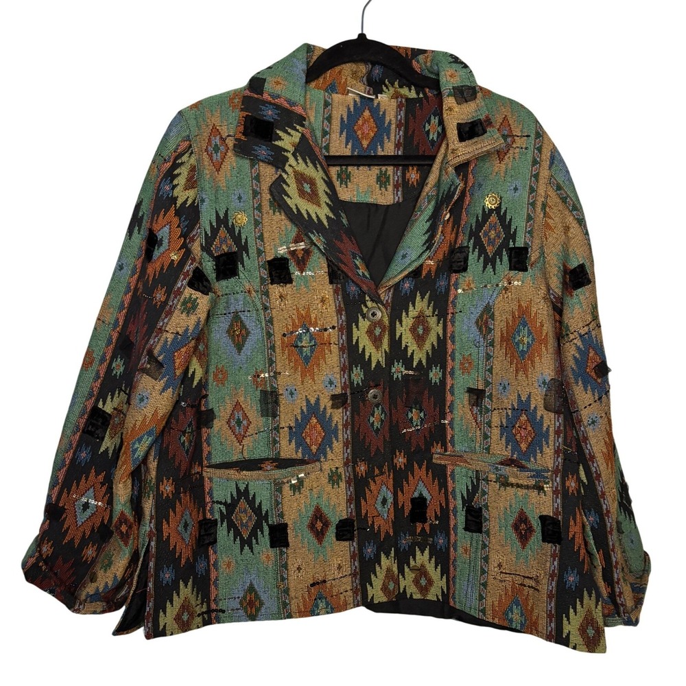 Parsley & Sage Southwestern Tapestry Jacket 1X Cotton Beaded Velvet Sequin Boho
